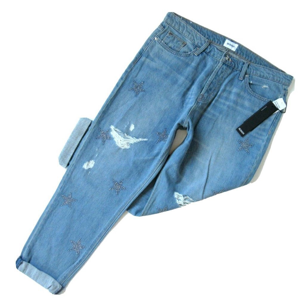 NWT HUDSON Riley in Amplify Studded Star Destroyed Boyfriend Jeans 24 $295